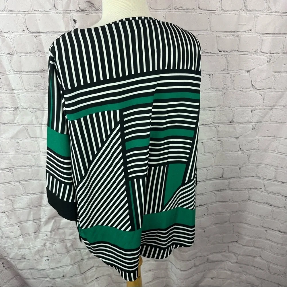 creation Striped Green Black tunic Top dolman sleeve sz 14 abstract asymetrical